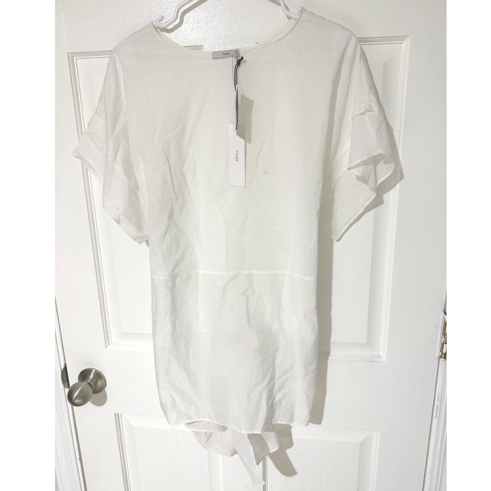 Tome NYC White Cotton Poplin Tie‎ Back Flutter Sleeve Blouse Top L T-S15-3006
